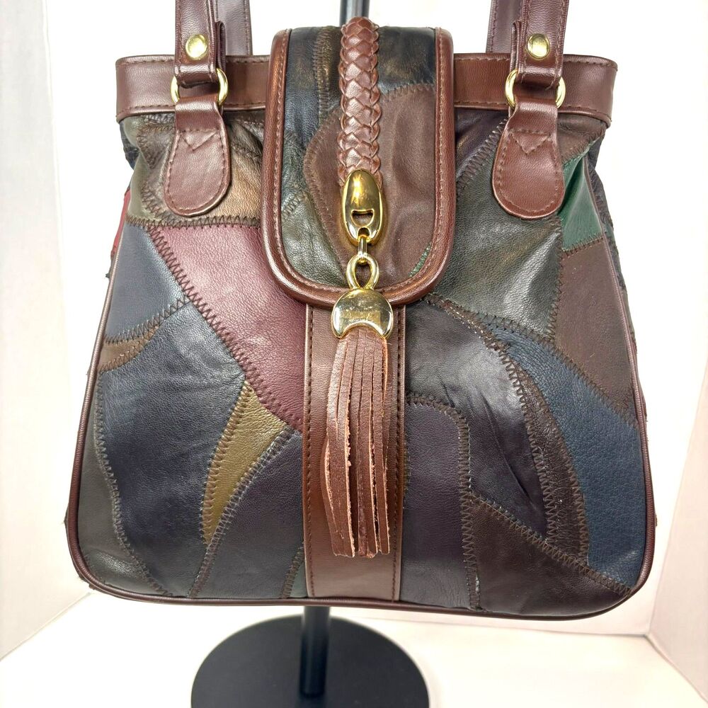 Paichang Whimsigoth Bohemian Earth-Tone Leather Patchwork Shoulder Bag